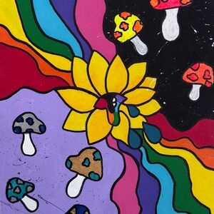 Colorful Psychedelic Mushroom and Sunflower Art